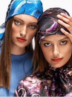 Printed Silk-Effect Headscarf in Purple & Blue